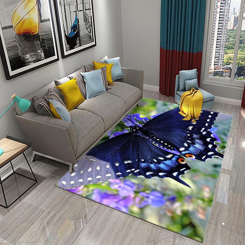 3D Bunter Schmetterling Blume Teppich Teppich für Wohnzimmer Schlafzimmer Sofa Küche Badezimmer Fußmatte Rutschfeste Bodenmatte Geschenk Heimdeko