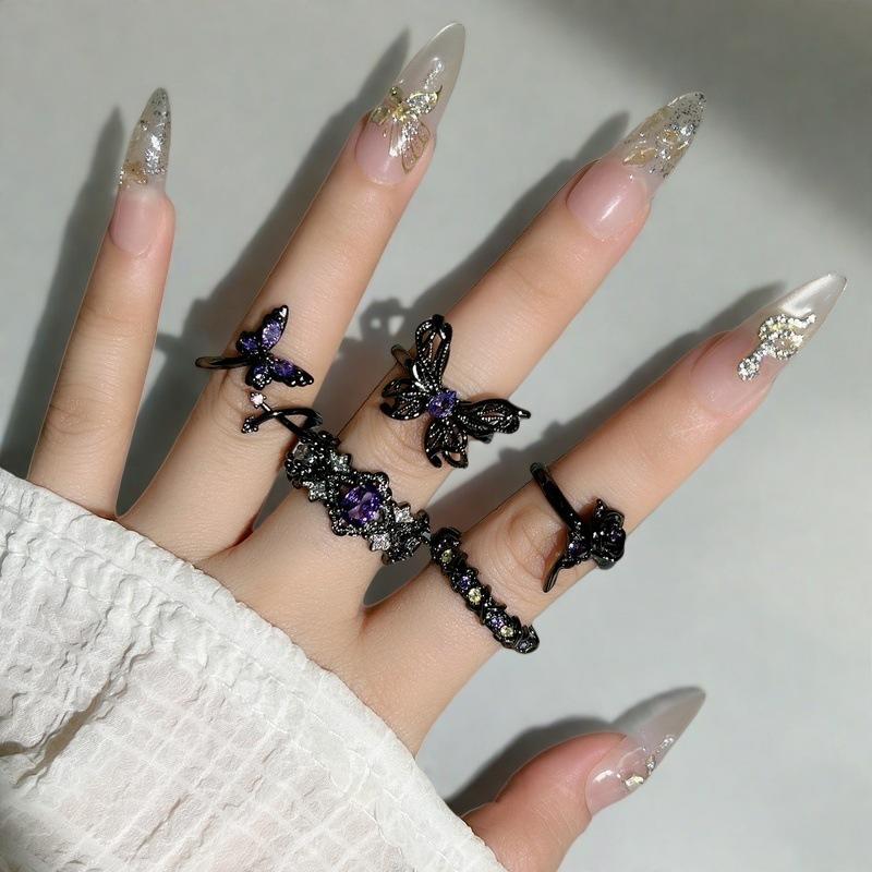 Punk Dark Style Personality Purple Diamond Inlaid Zircon Butterfly Open Ring Stacked With Niche Design High-End Ring Woman