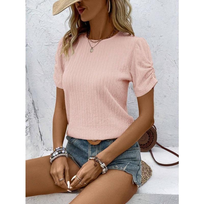 IHUASU Women's Fashion Casual Solid Color Print Short Sleeve O-Neck Blouses & Shirts