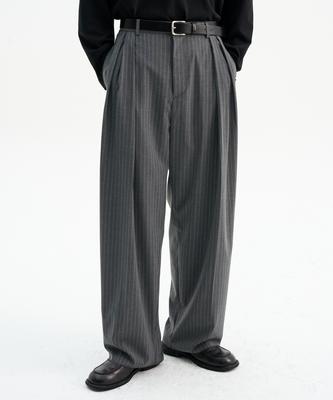 TRIP LE SENS Custom Pintuck Curved Wide Slacks_Stripe Gray
