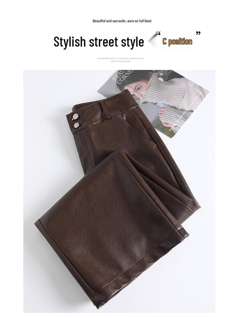 2025 Women's High-Waisted Fleece-Lined Lambskin Leather Pants - Slimming Loose Fit Straight-Leg, Ideal for Autumn and Winter