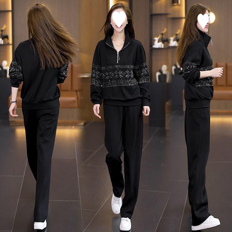 Women's Heavy-duty Sequin Autumn-winter Fashion Slimming and Age-reducing Two-piece Set for Ladies