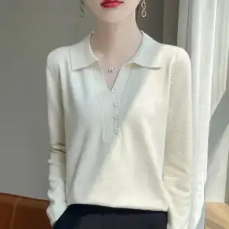 POLO Collar Knitted Cardigan Women's Spring Autumn and Winter New Long-sleeved Tops Versatile Fashionable Sweater Base