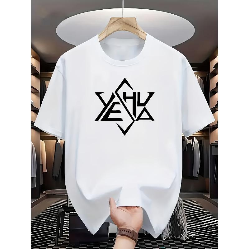 

European size Minimalist and Trendy YESHUA Artistic Font Geometric Pattern Print Short-sleeve T-shirt Comfortable Fashionable Funny Tees S белый