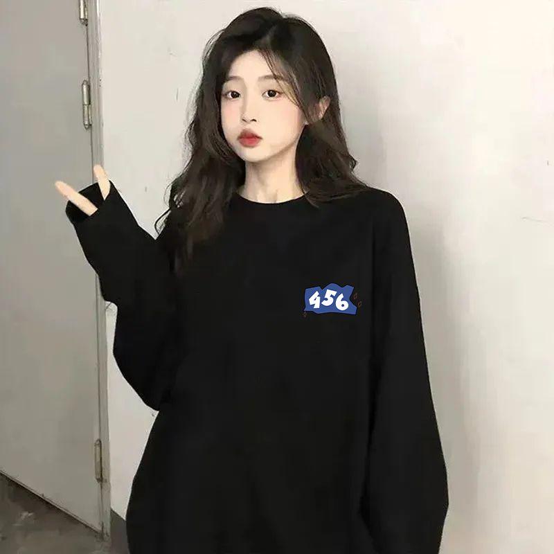 Women's Trendy Pure Cotton Long Sleeve Printed T-Shirt - New for Spring/Autumn 2025, Round Neck, Loose Fit Base Layer