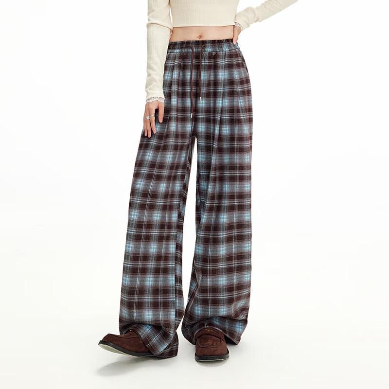 UNIFREE Women's Plaid High-Waist Wide-Leg Casual Pants