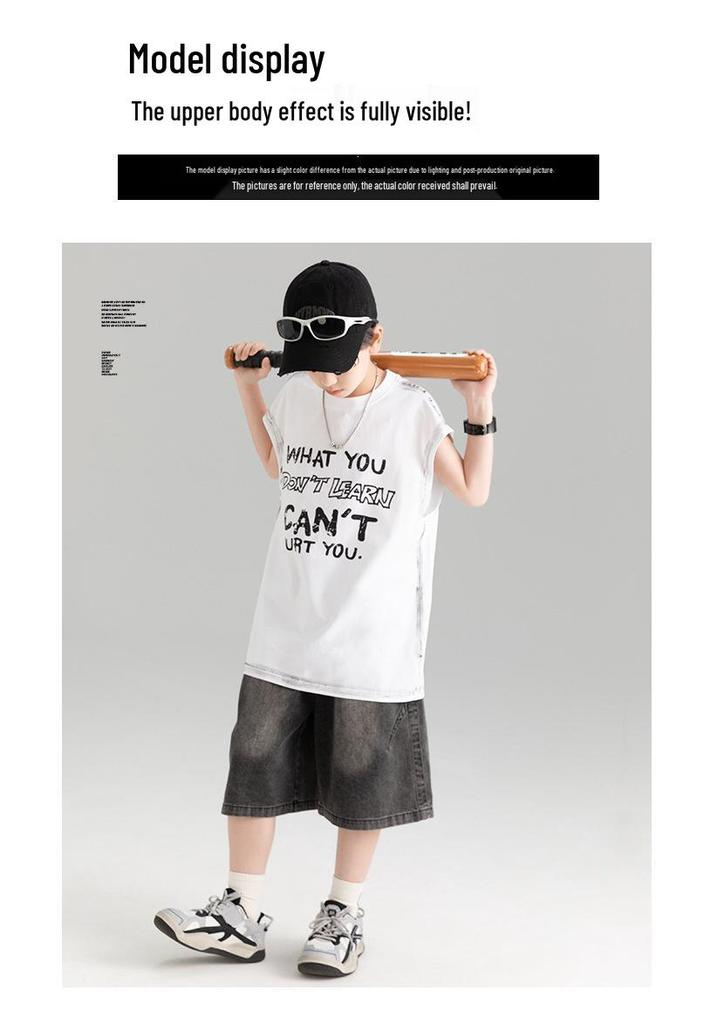 Boys' Trendy Sleeveless Set: Summer Thin Denim Bermuda Shorts & Spray Dye Print Vest T-shirt.