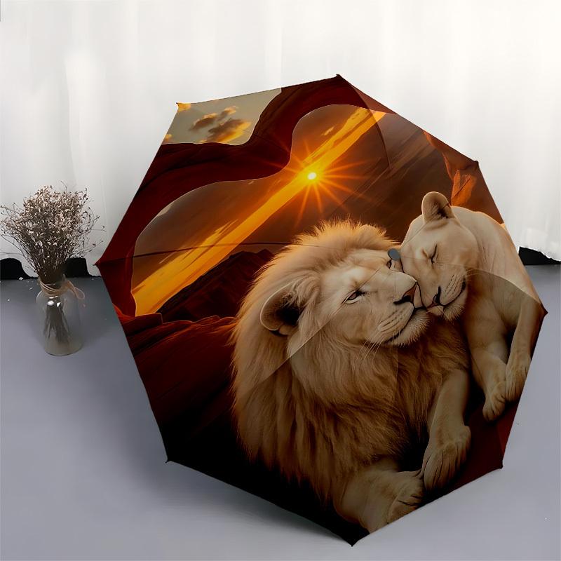 1pc Lion Couple At Sunset Heart-shaped Rock Formation Umbrella with Plastic Handle,Suitable for All Seasons UmbrellaPT570