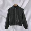 Womens Vintage Inspired Bomber Jacket PU Leather Long Sleeve Loose Fit Streetwear Outerwear