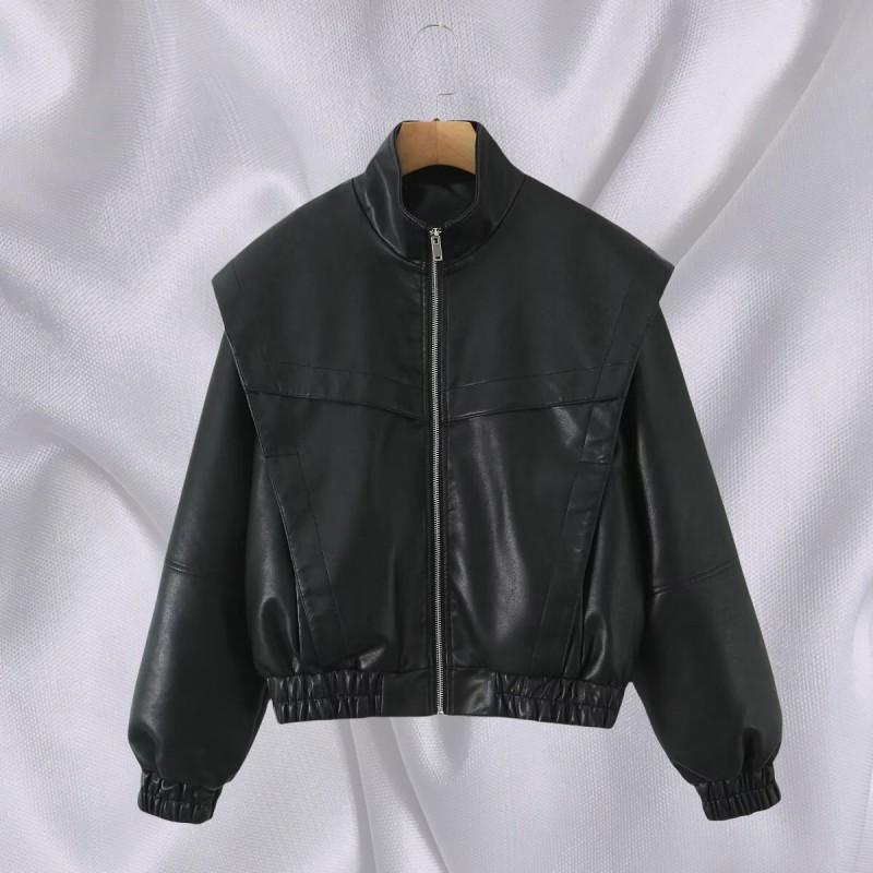 Womens Vintage Inspired Bomber Jacket PU Leather Long Sleeve Loose Fit Streetwear Outerwear