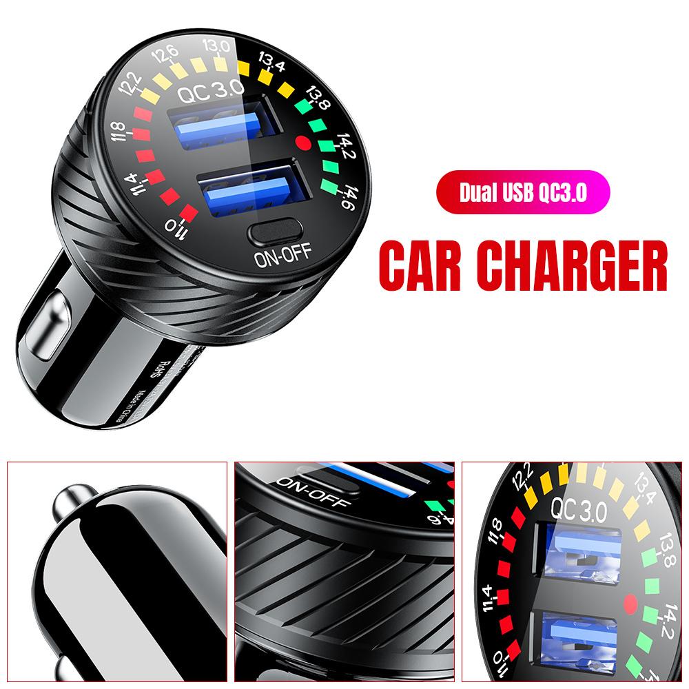 12/24V Dual USB Car Charger QC 3.0 Waterproof 18W Fast Charging Marquee Light LED Voltmeter ON OFF Switch Car-charger Adapter