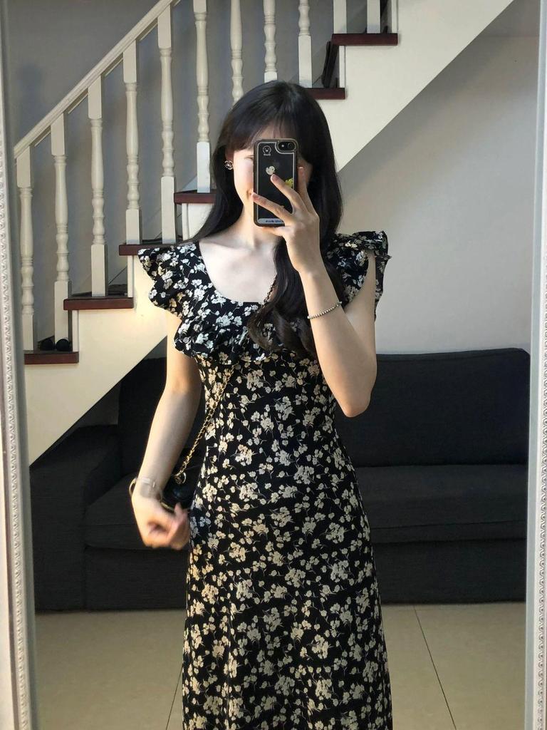 2025 Summer French Black Floral Waist-Slimming Long Dress for Women