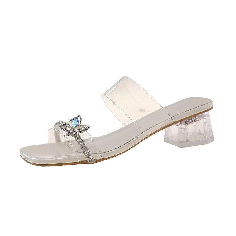 

Summer new fairy transparent rhinestone high heels skirt high value bow cool slippers crystal shoes 40 бежевый