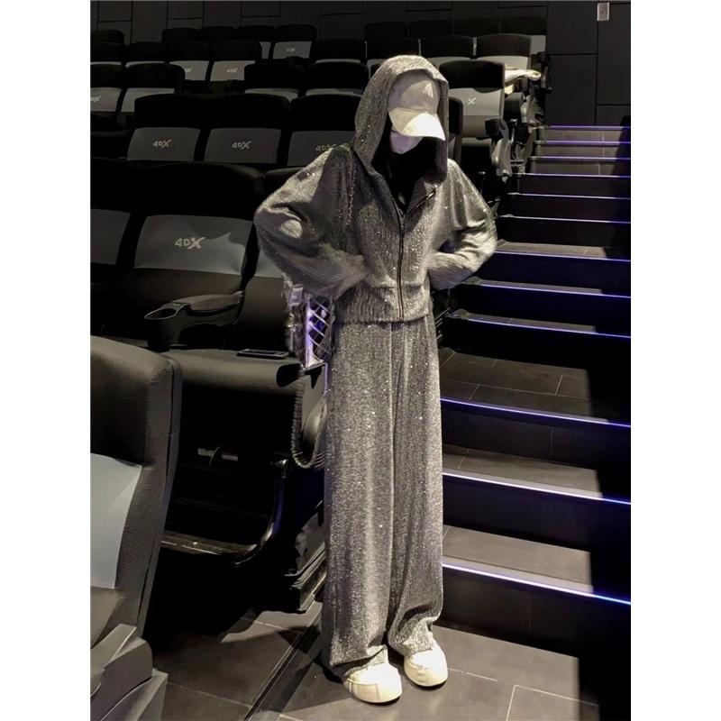

New Women s Shiny Tracksuit Loose Fit Hoodie Wide Leg Pants Casual Outfit XXL