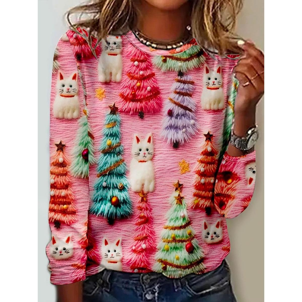 

Женские футболки с круглым вырезом, 3D-принтом и милым кошачьим узором, модные, повседневные, с длинным рукавом L