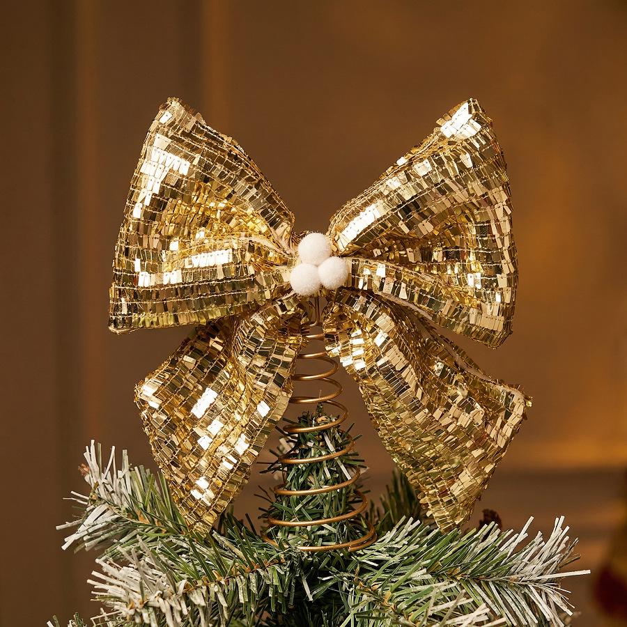 Large Shiny Sequin Bow Christmas Tree Topper with Spring Base