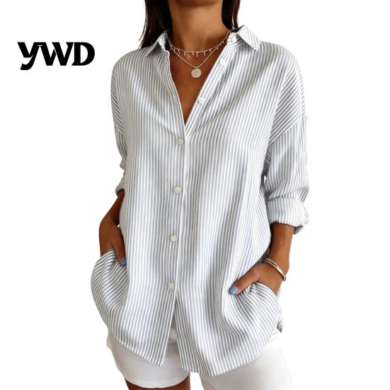Chemise d'automne pour femme à rayures pour l'automne, à boutons, simple, à manches longues, col, haut décontracté chic, machine