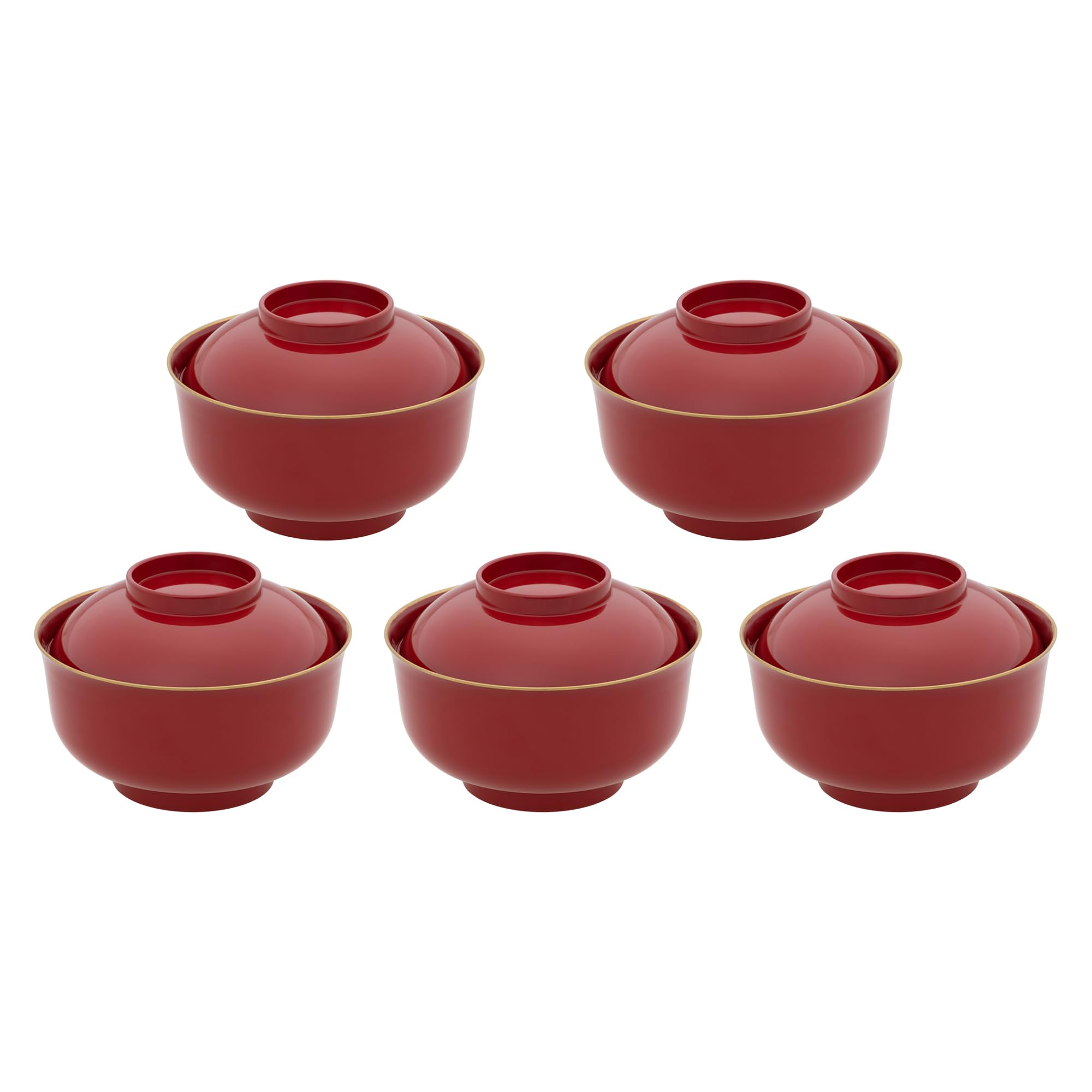 

Set of 5 Yamanaka Lacquerware Zoni Bowls and Soup Bowls with Red Rimmed Gold Japanese Yamanaka Traditional Made in [Bulk Purchase] Lids, Large,