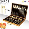24PCS Cutlery Set Stainless Knife Fork Spoon Flatware Tableware Set Gold Gift Box Portable Dinnerware Dishwasher Kitchenware