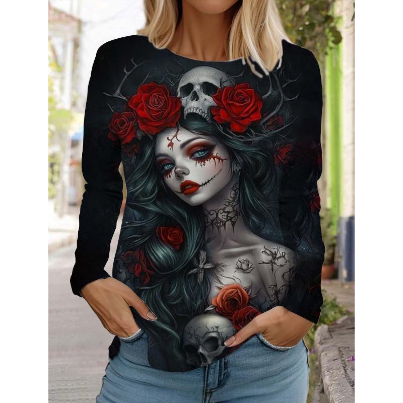 Sugar Skull Pattern Womens Long Sleeve Shirt Day of the Dead Shirts Summer 3D Printed Tops y2k Gothic style Women's Clothing