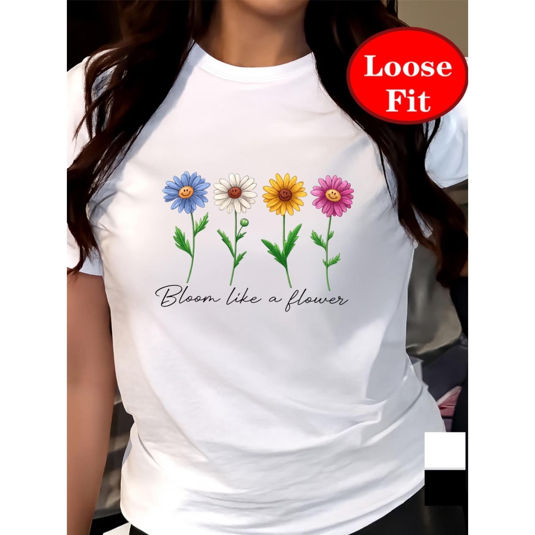 

Blooming Like A Flower, Floral Smile Print, Round Neck Short Sleeve T-Shirt, Spring/Summer Casual Top S белый