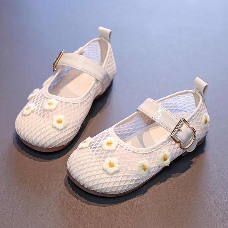 

Туфли-балетки для девочек, сетчатые дышащие детские сандалии, расшитые цветами, новинка лета 2025 года, детские туфли принцессы, милый тренд, мягкая подошва 21 бежевый