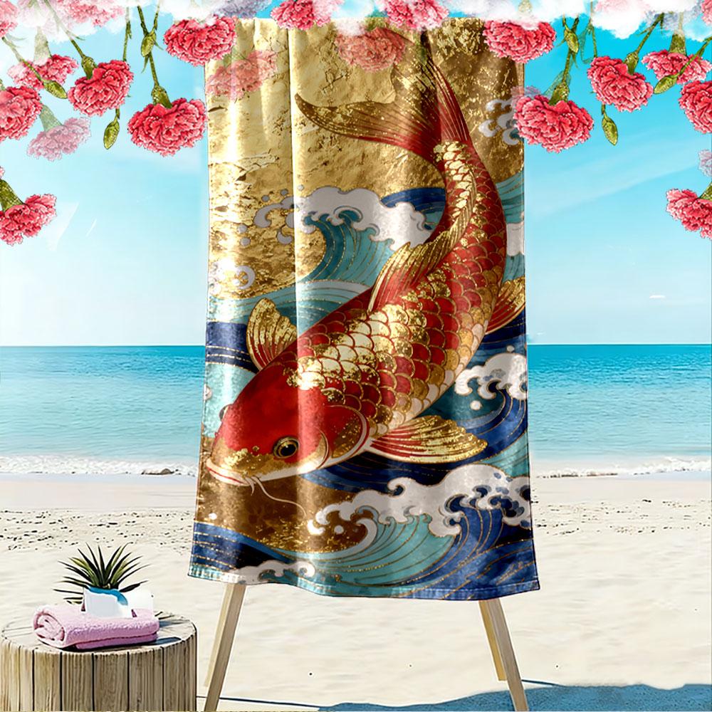 Gold Koi Fish & Waves Design A must-have beach towel for beach travel