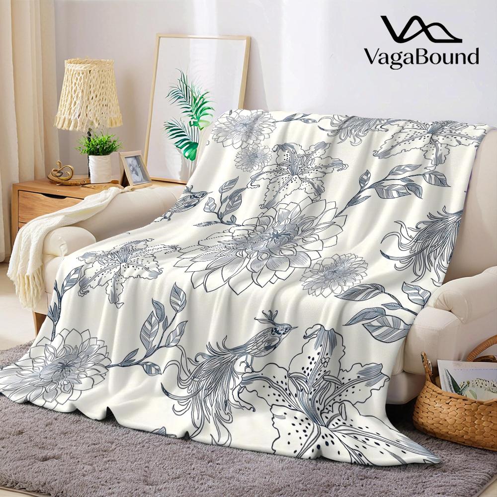 Floral & Bird Pattern Flannel Blanket Warm Soft Halloween Christmas Couch Warm Cozy Decorative Decor Gift for All Season