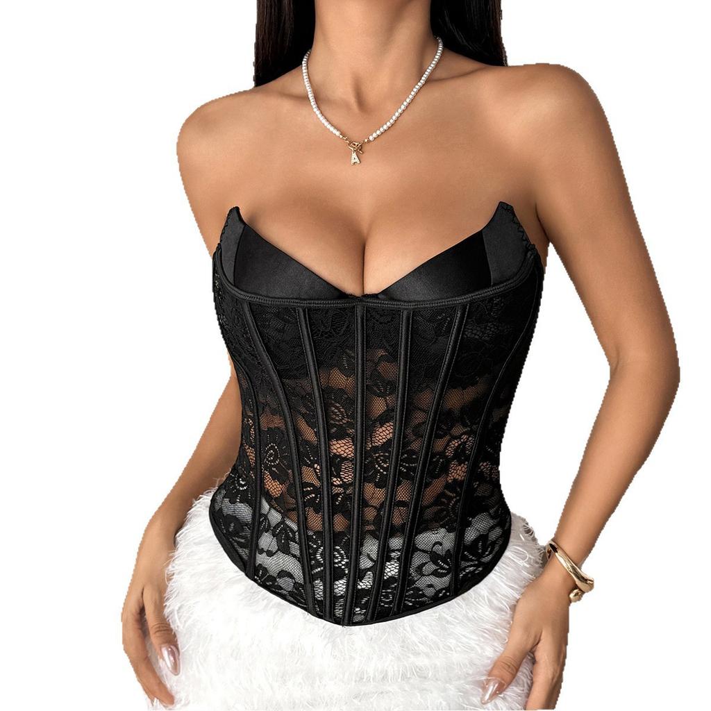 New High-end Spice Girl Slim-fit Personalized Water Drop Chest Lace Splicing Tube Top R