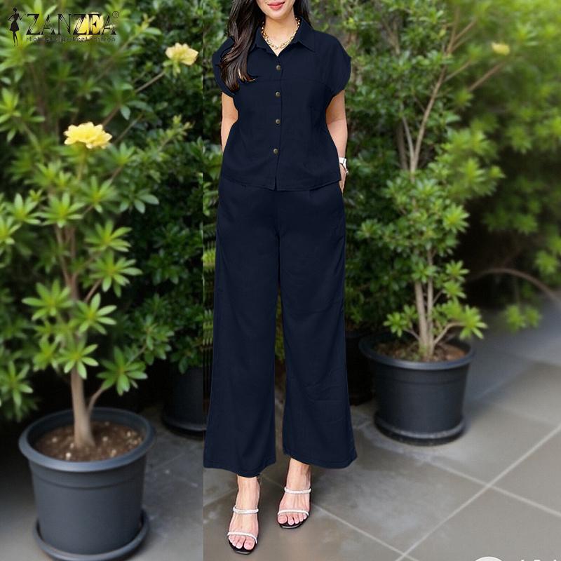 ZANZEA Women Short Sleeve Blouse and Pants Summer Two Piece Suit Sets