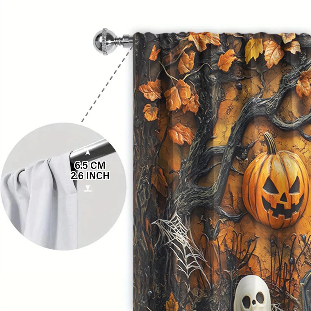 2 Stück Kürbis Friedhof Geist Bedruckter Vorhang für Halloween Heimdeko - Stangentasche Fensterbehandlung für Schlafzimmer, Büro, Küche