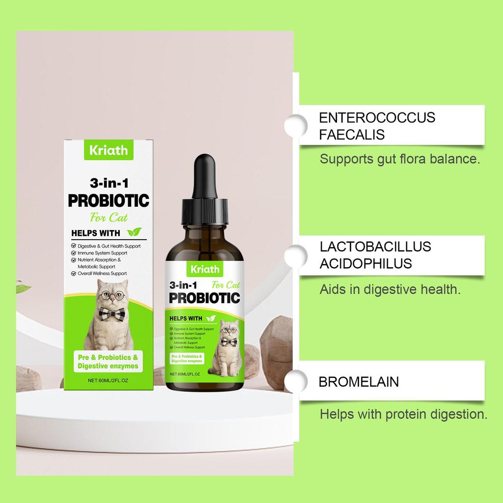 Kriath Cat Probiotic Drops 60ml - 3-in-1 formula promotes gut balance & comfort, boosts gut health & immunity, pet health care product.