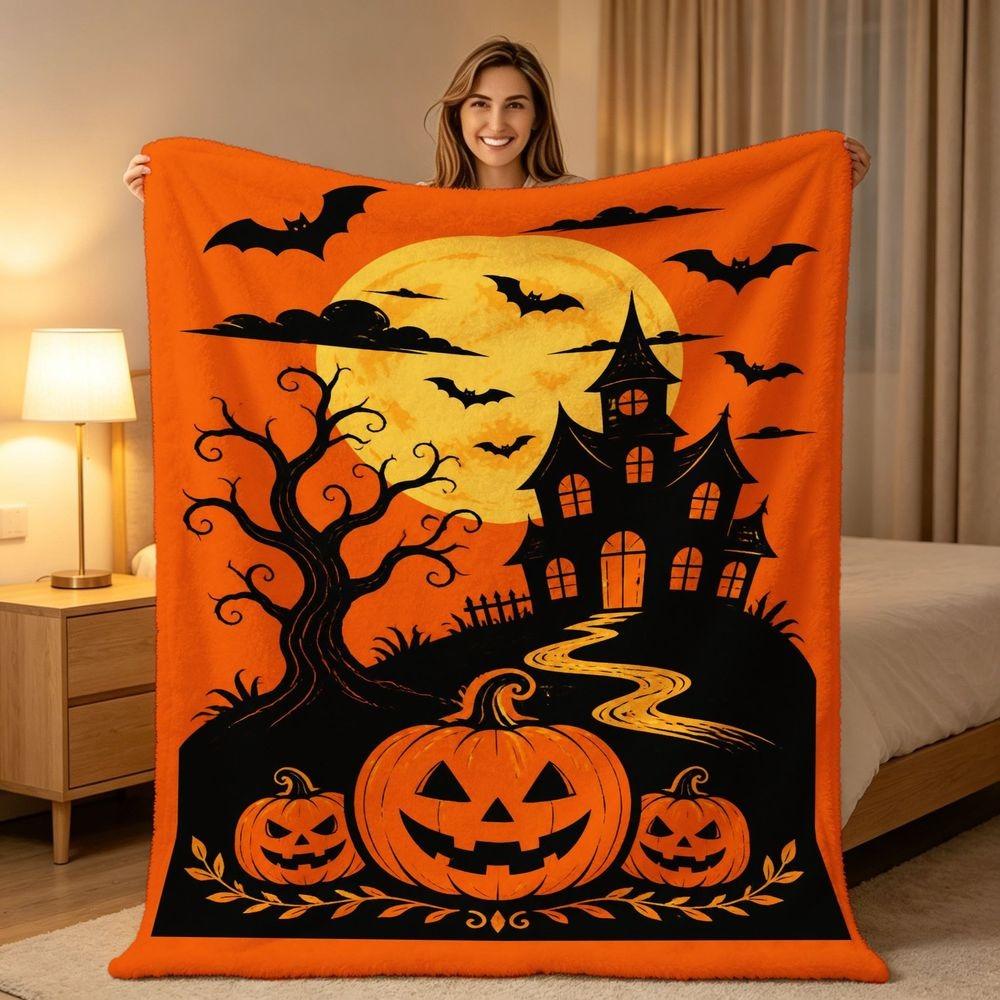 Classic Orange Pumpkin Haunted House Throw Blanket Plush Couch Cover For Traditional Halloween Night Home Decor Gift
