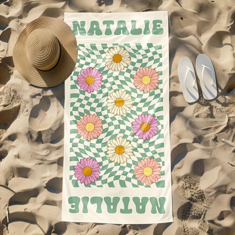 Personalized Beach Towel Daisy Plaid Custom Name logo Microfiber Beach Towel Thin Absorbent for Beach Swimming Yoga Bath Sports