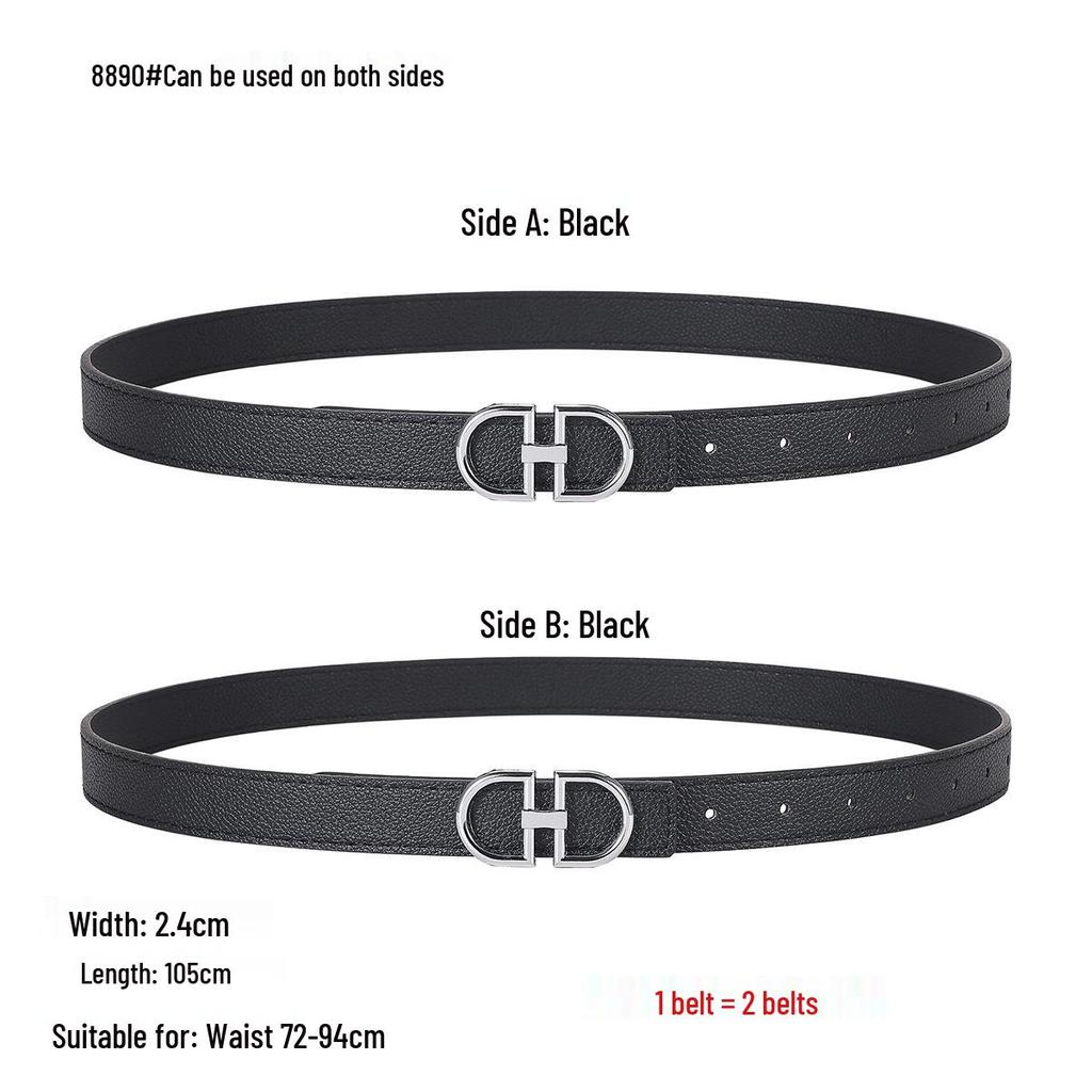 Smooth Buckle Black Lychee Grain Dual-Use Women's Leather Belt