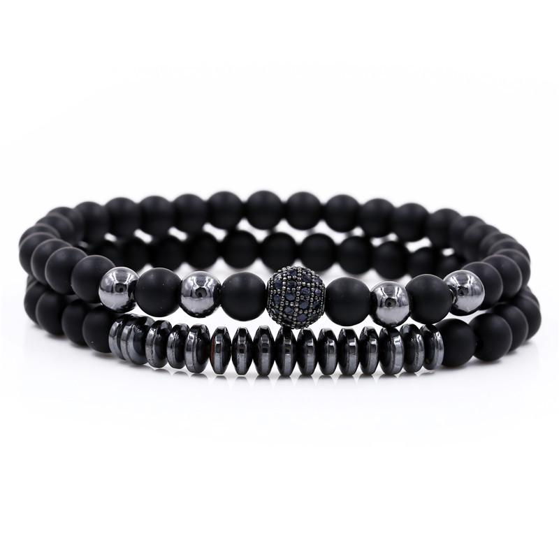 6mm Black Matte Copper Beads & UFO Micro-Diamond Ball Bracelet Set for Men