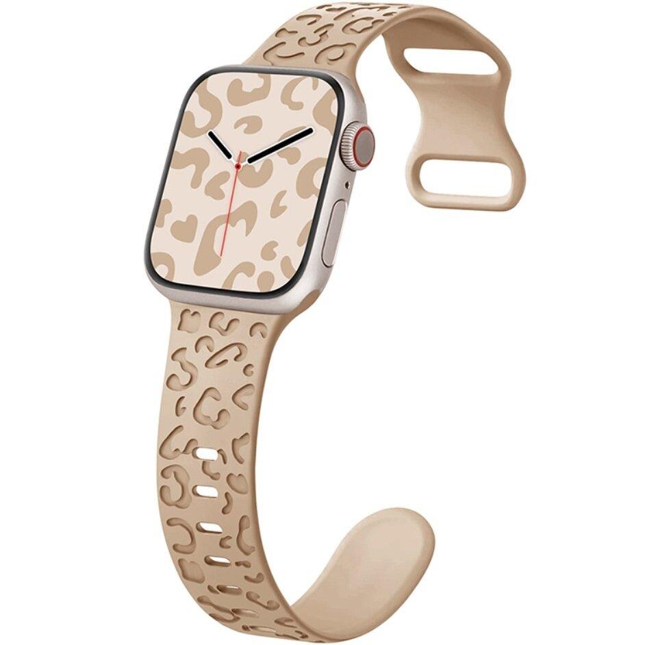 Apple Watch 1/2/3/4/5/6/7/8/9/10/11/SE 38/40/41/42mm için Silikon Kayış, Leopar, Açık Kahverengi