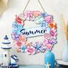 Panneau de bienvenue Fleur d'été Coquillage Étoile de mer pour Porte d'entrée Panneau mural en bois Couronne ronde Plage côtière pour Décoration de porche extérieur