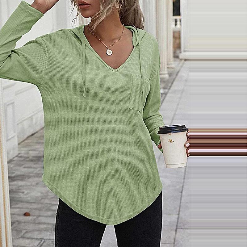 Dámské mikiny s kapucí do V s dlouhým rukávem Pulovr se stahovací šňůrkou Topy s kapsou