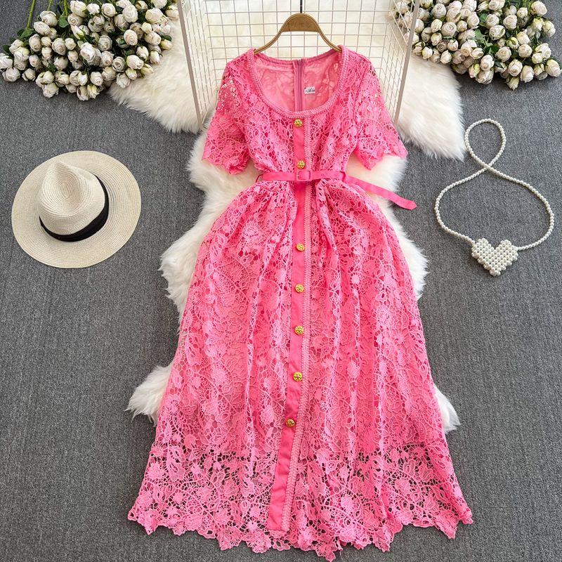 

Single-Breasted Water Soluble Lace Dress Elegant Short Sleeve Pink L