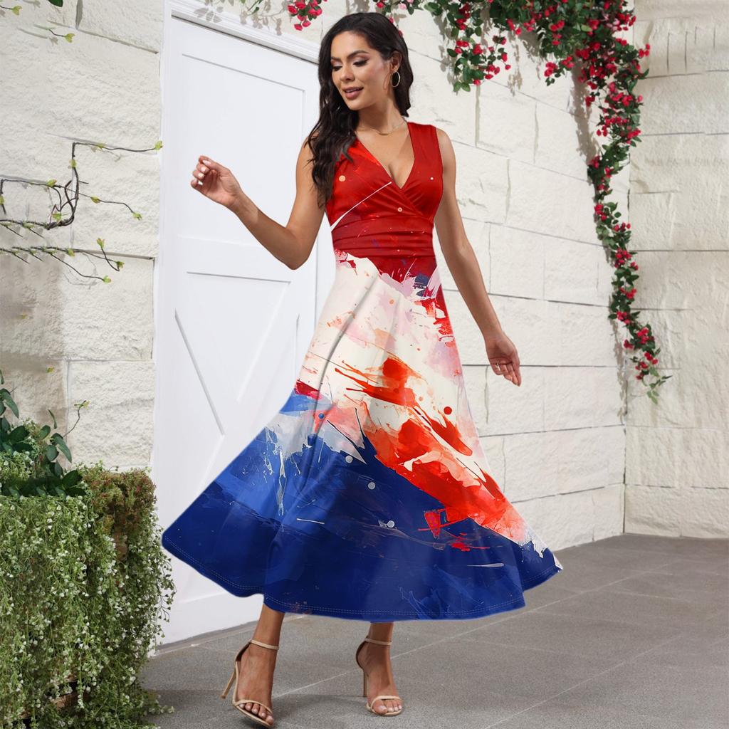 Women's Casual And Fashionable Independence Day Printed V-Neck Sleeveless Dress Dress