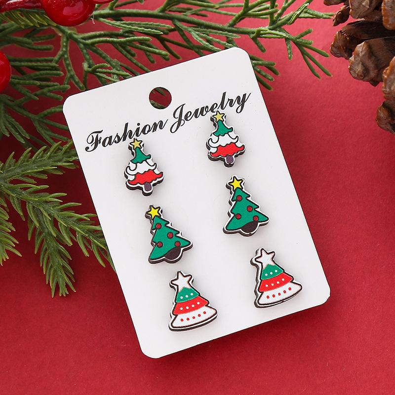 Hot Sale New Christmas Series Wooden Earrings Christmas Tree Bells Snowman Stud Earrings Set