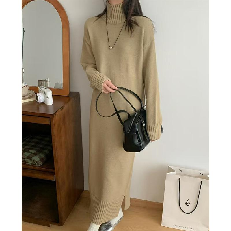turtleneck sweater skirt autumn and winter new lazy temperament solid color loose large size bottoming knitted dress