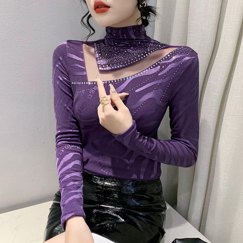 Spring Autumn Classic Women Turtleneck Long Sleeved T-Shirt Fashion Sexy Hot Diamonds Tees Elastic Slim Girl Tops Blouse