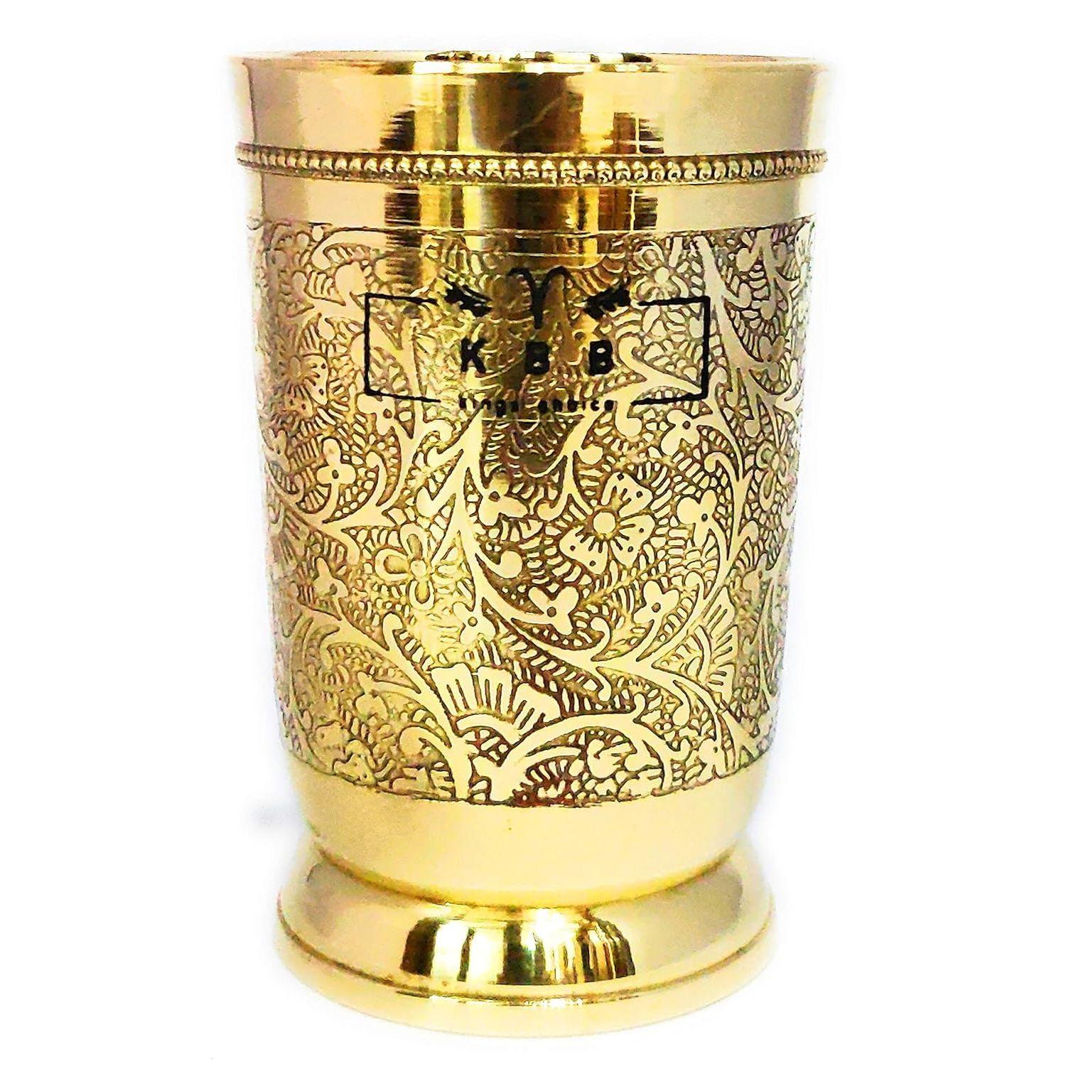 

Pure Brass Glass Tumbler with Etching Art Finish, Indian HANDWORKED, (Pack of 1)
