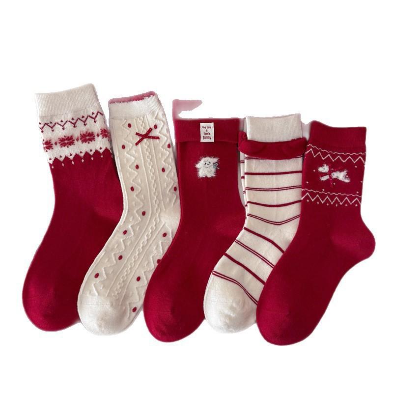 Medium Socks Christmas Red New Year Socks Wool Bow Warm Pile Stack Socks Striped Big Red Cartoon