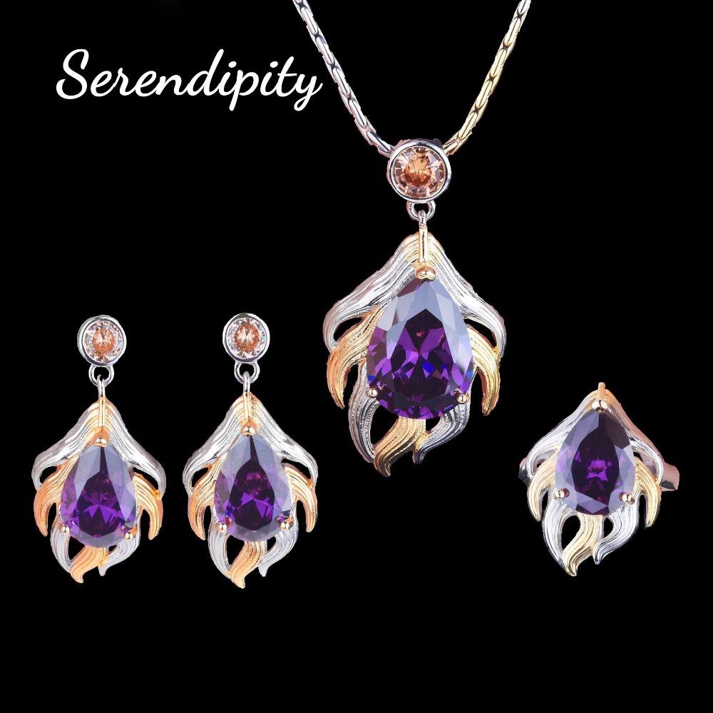 

Italian Handmade Brushed Yellow Diamond Set High Carbon Purple Zircon Necklace Open Ring Earrings Pendant