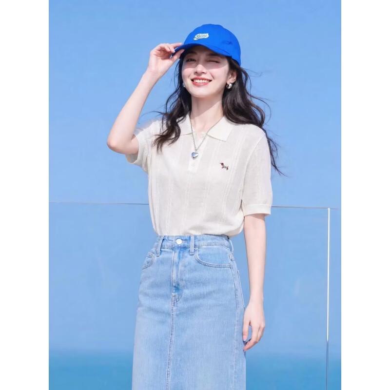Basic House Women's Tencel Linen Puppy Embroidered Knit Polo