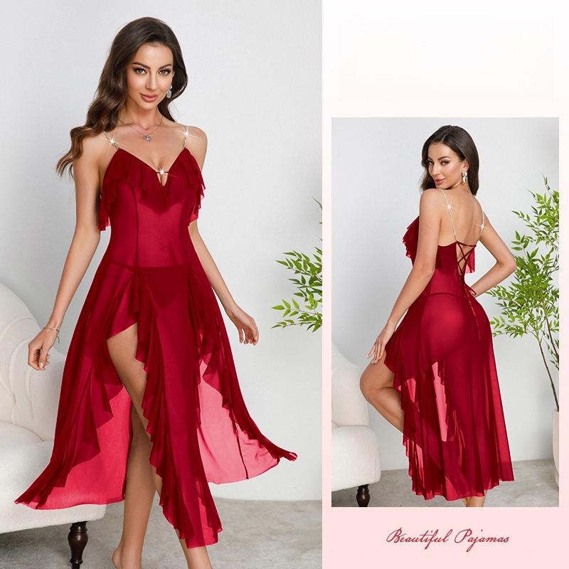 Mesh Deep V Ruffle Nightgown Side Slit Multi-Color Semi-Sheer Sexy Cami Women's Loungewear 896 Playful Flirty Sleepwear with Cute Ruffle Details