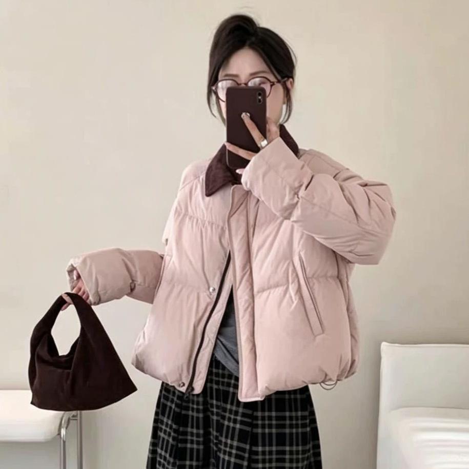 Down jacket women's new corduroy lapel contrasting colors loose warm thickened small short jacket